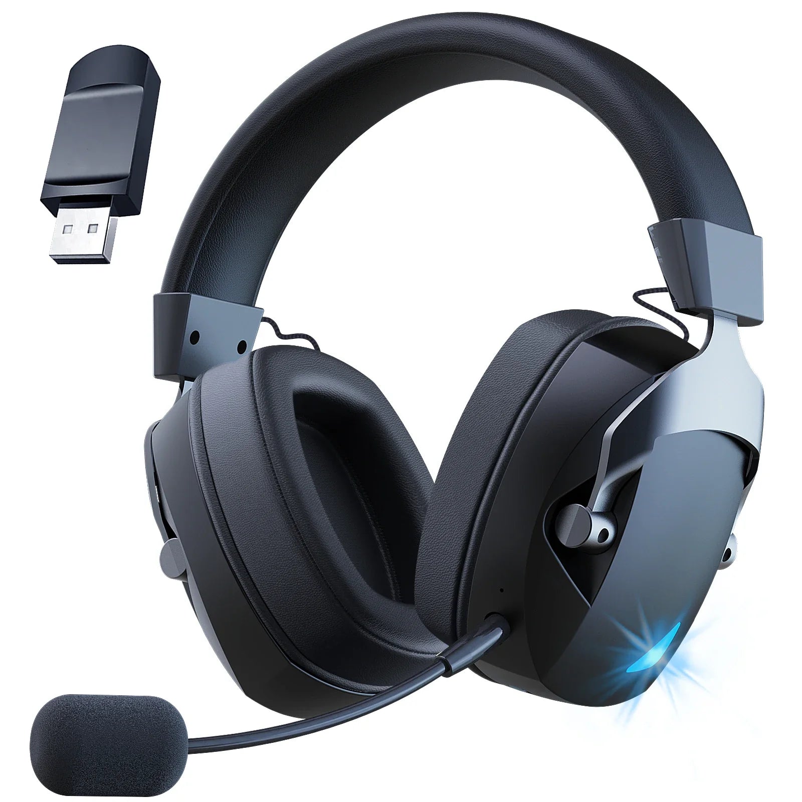 Black NNEOBA wireless gaming headset with cushioned over-ear cups and built-in adjustable microphone