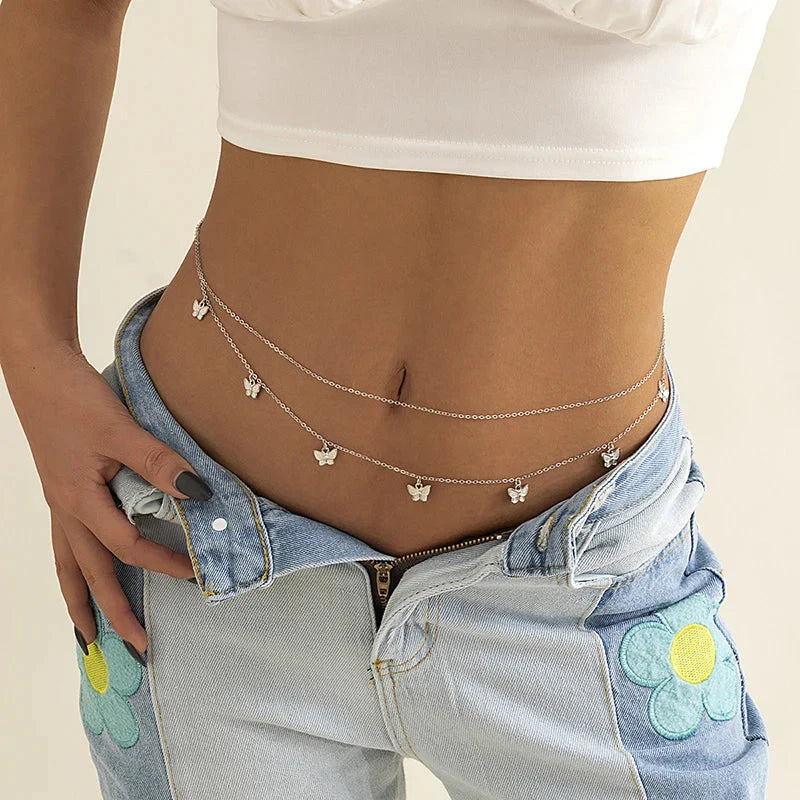 Double layered stainless steel butterfly waist chain belly jewelry for summer bikini beachwear style — view 4