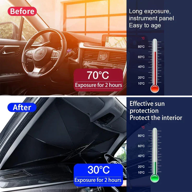 Car windshield sunshade umbrella in white deployed inside a vehicle blocking sunlight — view 3
