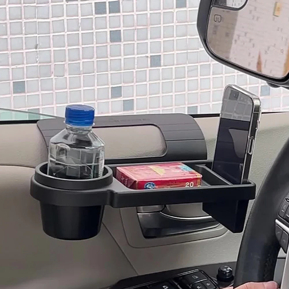 Black plastic multifunctional car side door hanging organizer with built in cup and phone holder — view 4