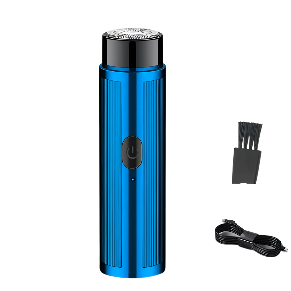 Compact blue mini electric shaver with rotary blade and digital LED power display for travel