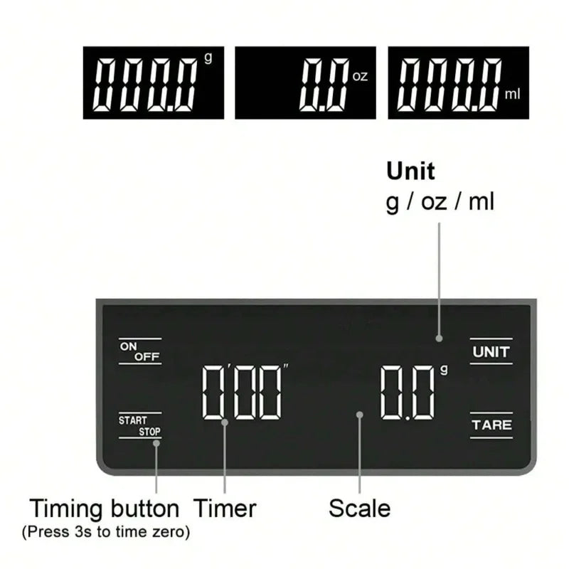 Auto timer coffee scale with bright digital LED display and scratch resistant black frosted finish — view 4