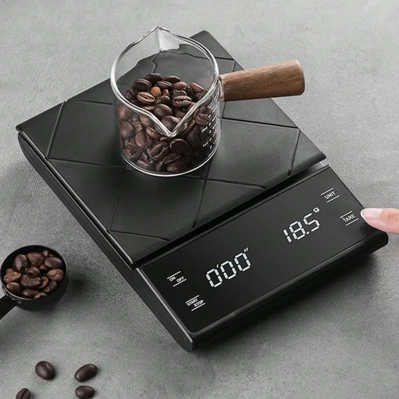 Auto timer coffee scale with bright digital LED display and scratch resistant black frosted finish