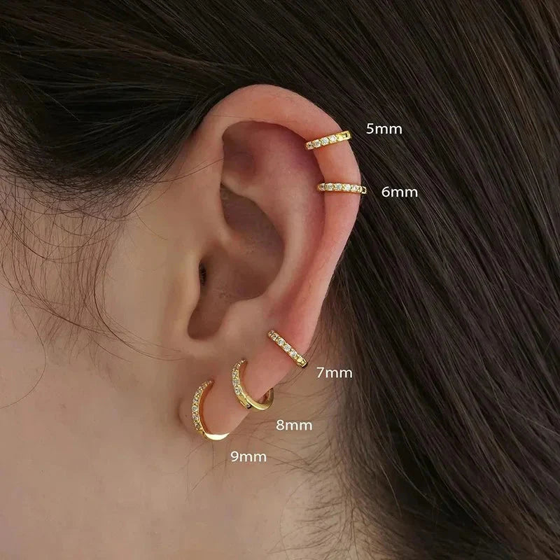 Minimalist stainless steel huggie hoop earrings with sparkling crystal zirconia stones for cartilage piercings — view 2
