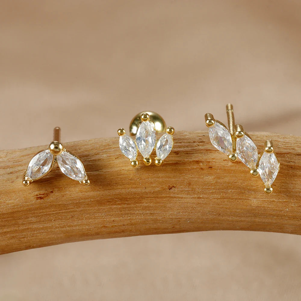 3-piece crown stud earring set in gold-plated stainless steel with sparkling zircon crystal accents — view 3