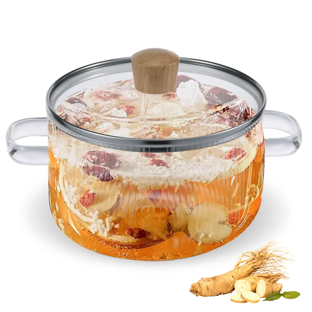 Clear 1.6L borosilicate glass saucepan with matching lid and dual side handles on a stovetop. — view 2