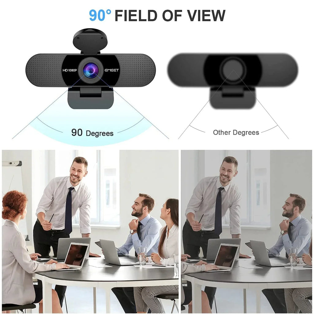 Black 1080P HD USB webcam with dual microphones, privacy cover, and adjustable clip mount — view 4