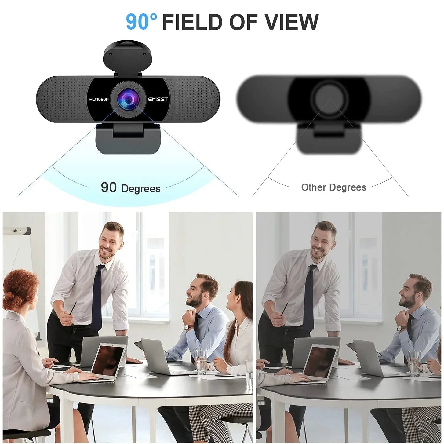 Black 1080P HD USB webcam with dual microphones, privacy cover, and adjustable clip mount — view 4