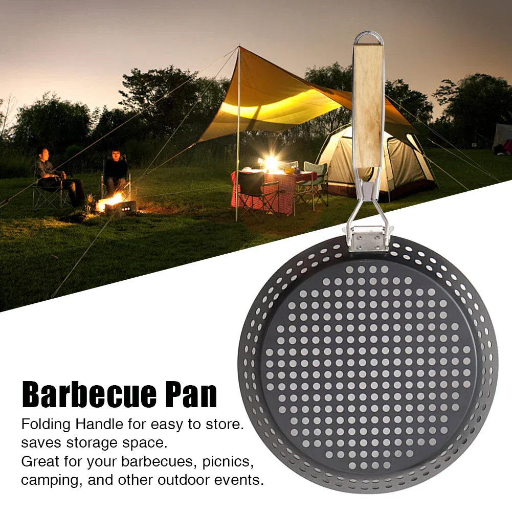 Portable folding handle BBQ frying pan with non-stick round surface for outdoor camping and pizza cooking — view 4