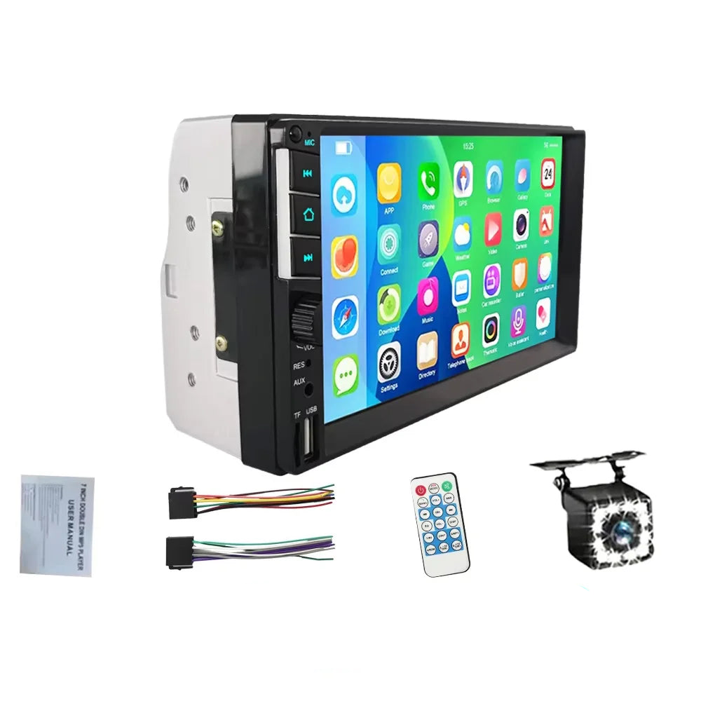 Black 7-inch touchscreen 2DIN car stereo multimedia system with bright digital display interface