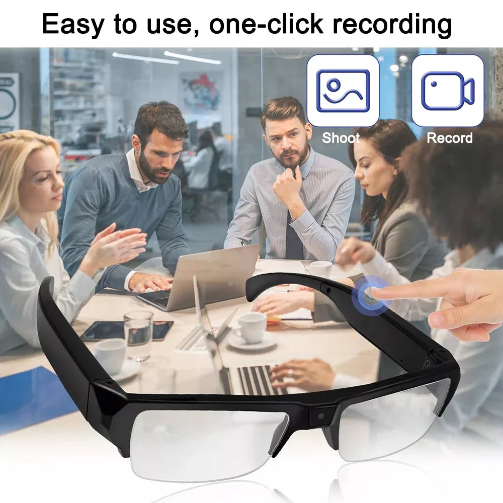 Black NNEOBA 1080P HD mini camera glasses wearable video recorder on white background — view 5