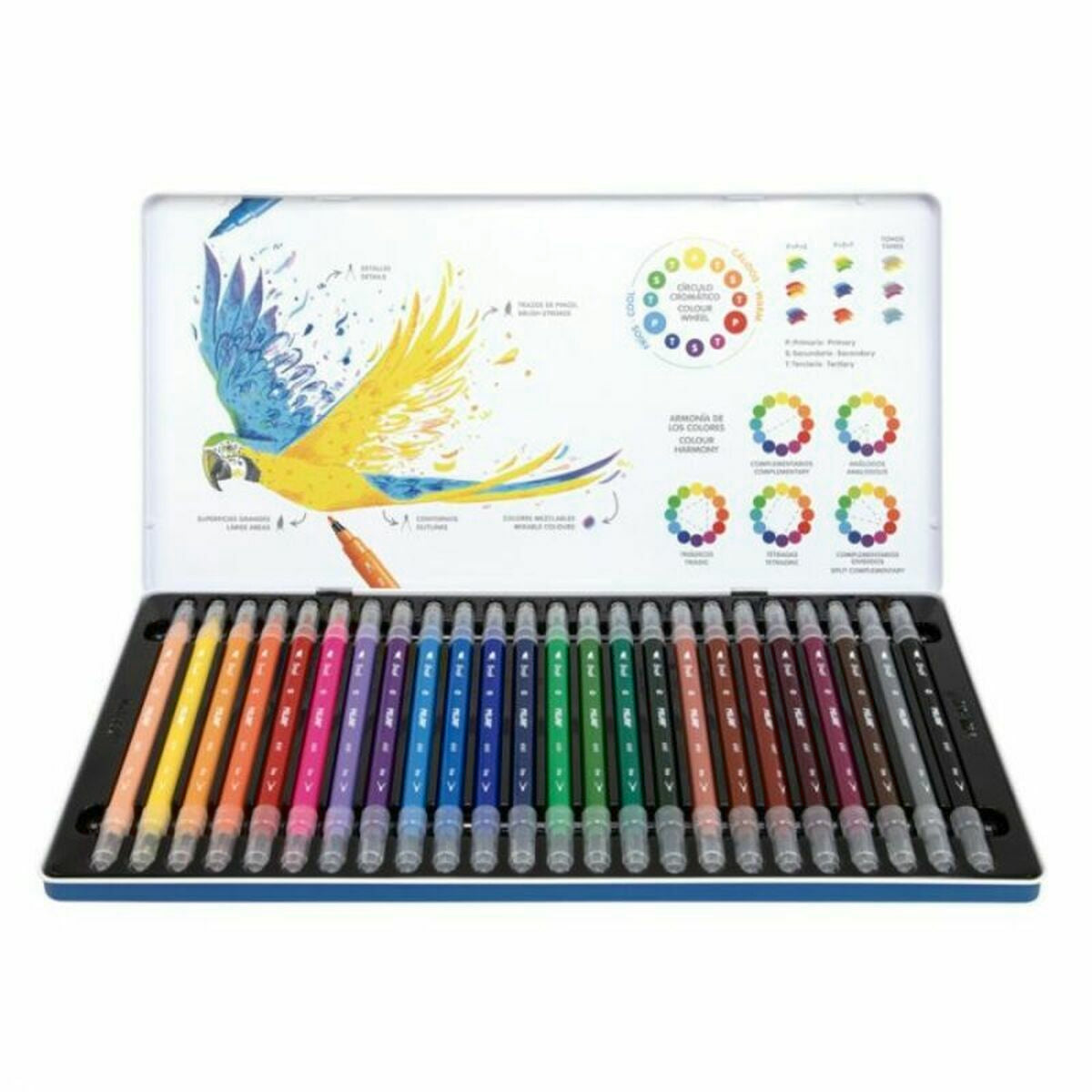 24 piece multicolor dual tip felt pen set in a sleek silver metal storage box