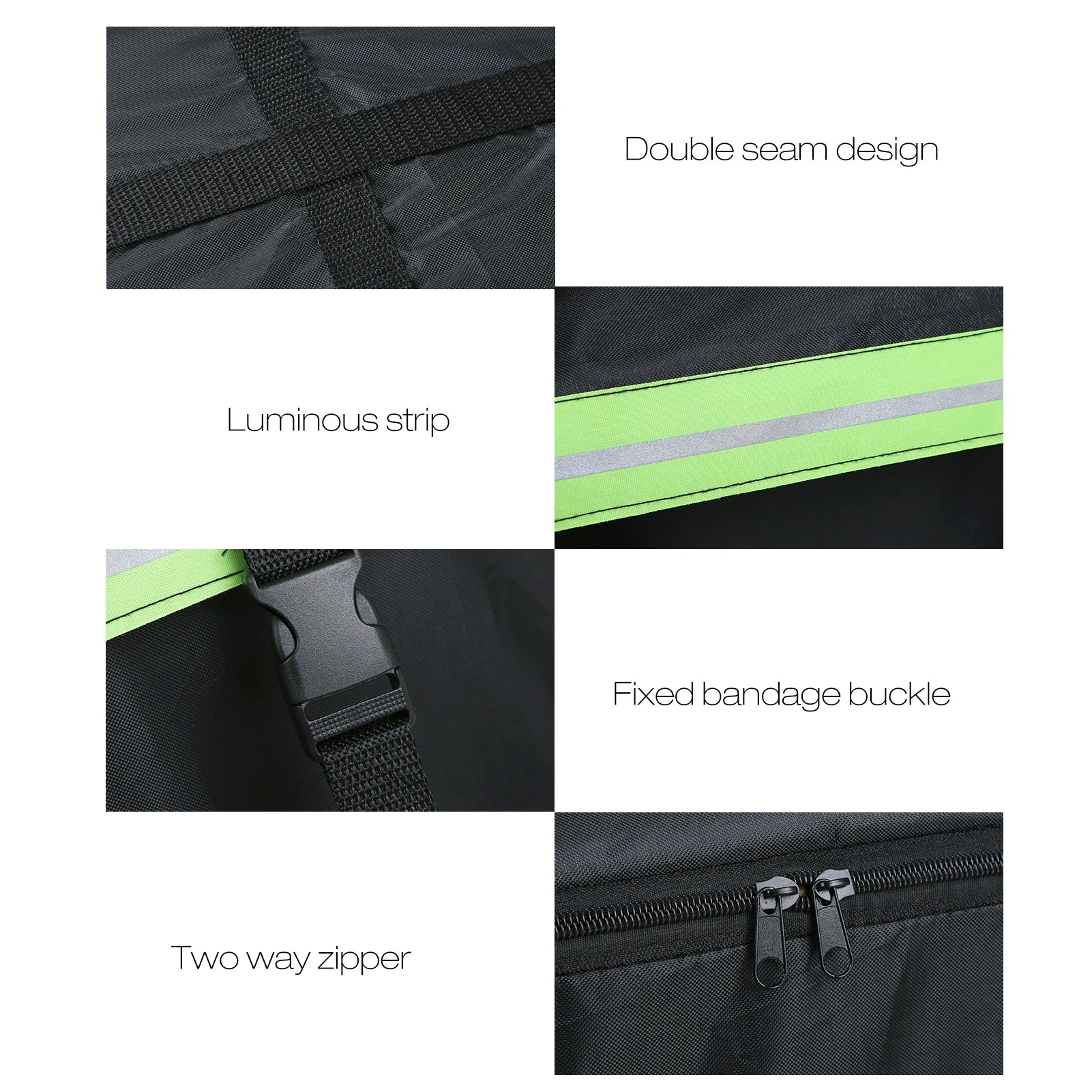 Black waterproof car roof cargo bag strapped to vehicle rooftop with reflective safety strips — view 5