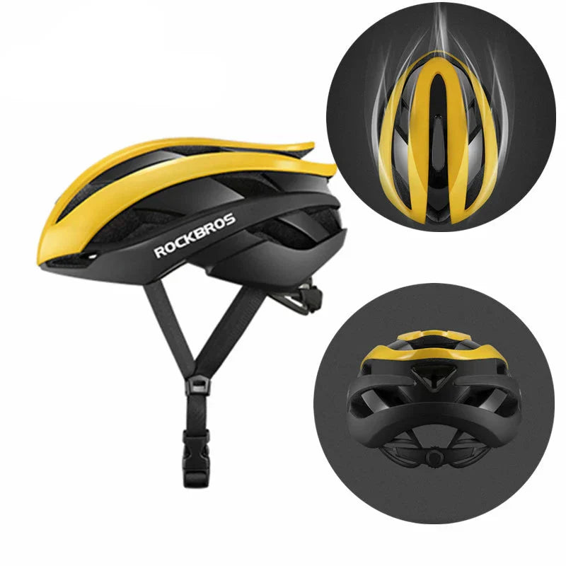 Ultralight yellow bicycle helmet with magnetic snap closure and aerodynamic ventilation vents for road cycling — view 2