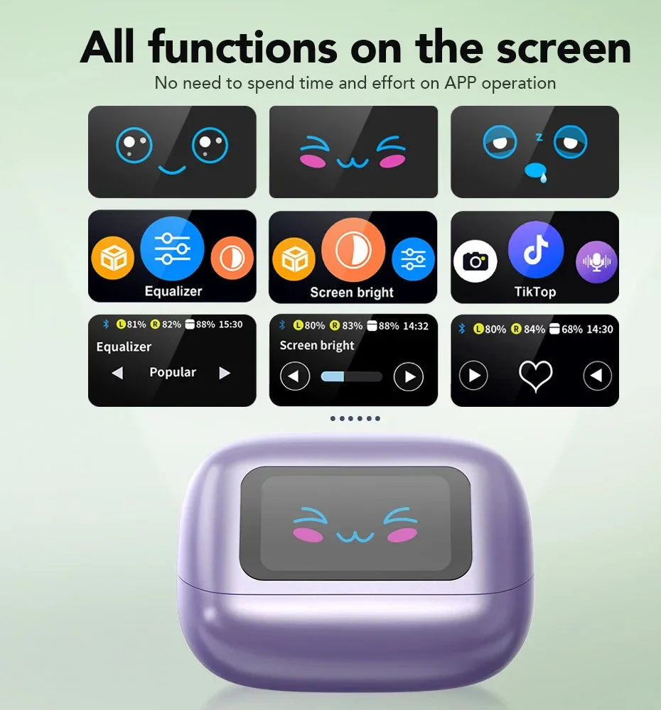 Purple open-ear wireless earbuds with digital LCD charging case and AI translator display — view 3