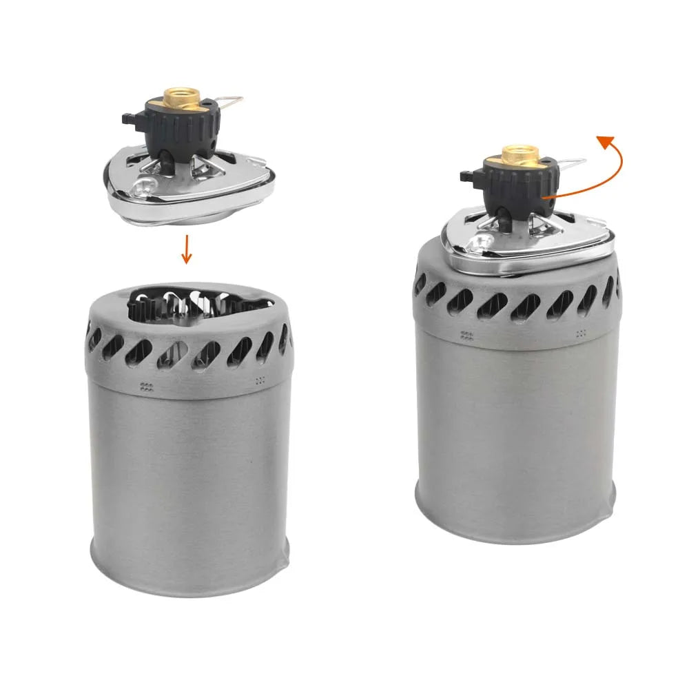 Outdoor pot burner stove system in grey, compact stainless steel and aluminum camping cookware