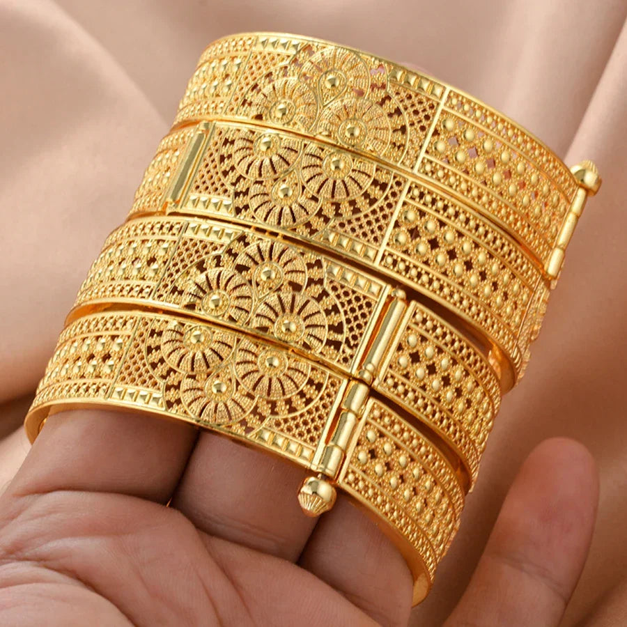 Four-piece gold-plated Ethiopian bangle set featuring intricate geometric designs for women's wedding jewelry. — view 4