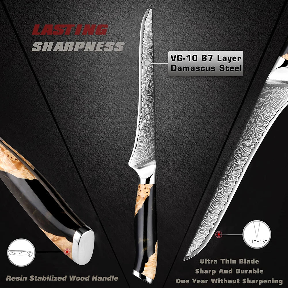 Black 6-inch Damascus steel utility knife with a curved, wave-patterned blade for precision slicing. — view 3