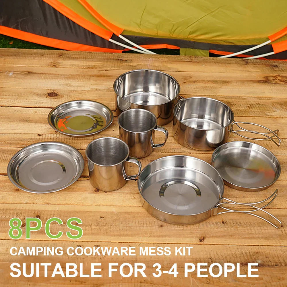 8-piece camping cookware set in silver stainless steel featuring pots pan plates and cups nested together — view 4