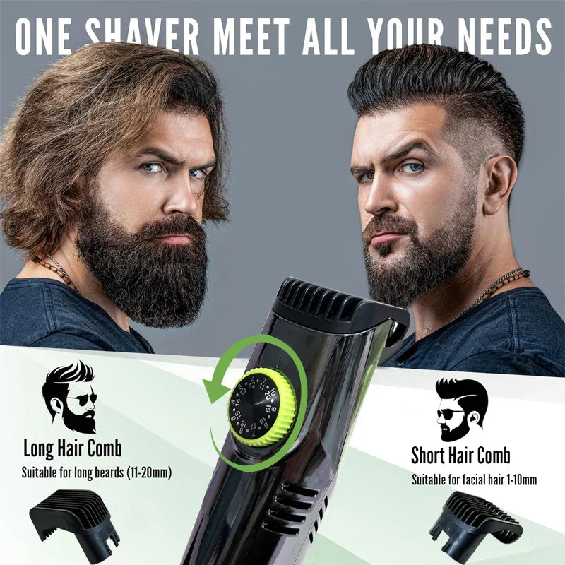 Green cordless beard trimmer and electric shaver with adjustable comb attachments and built-in vacuum system — view 2
