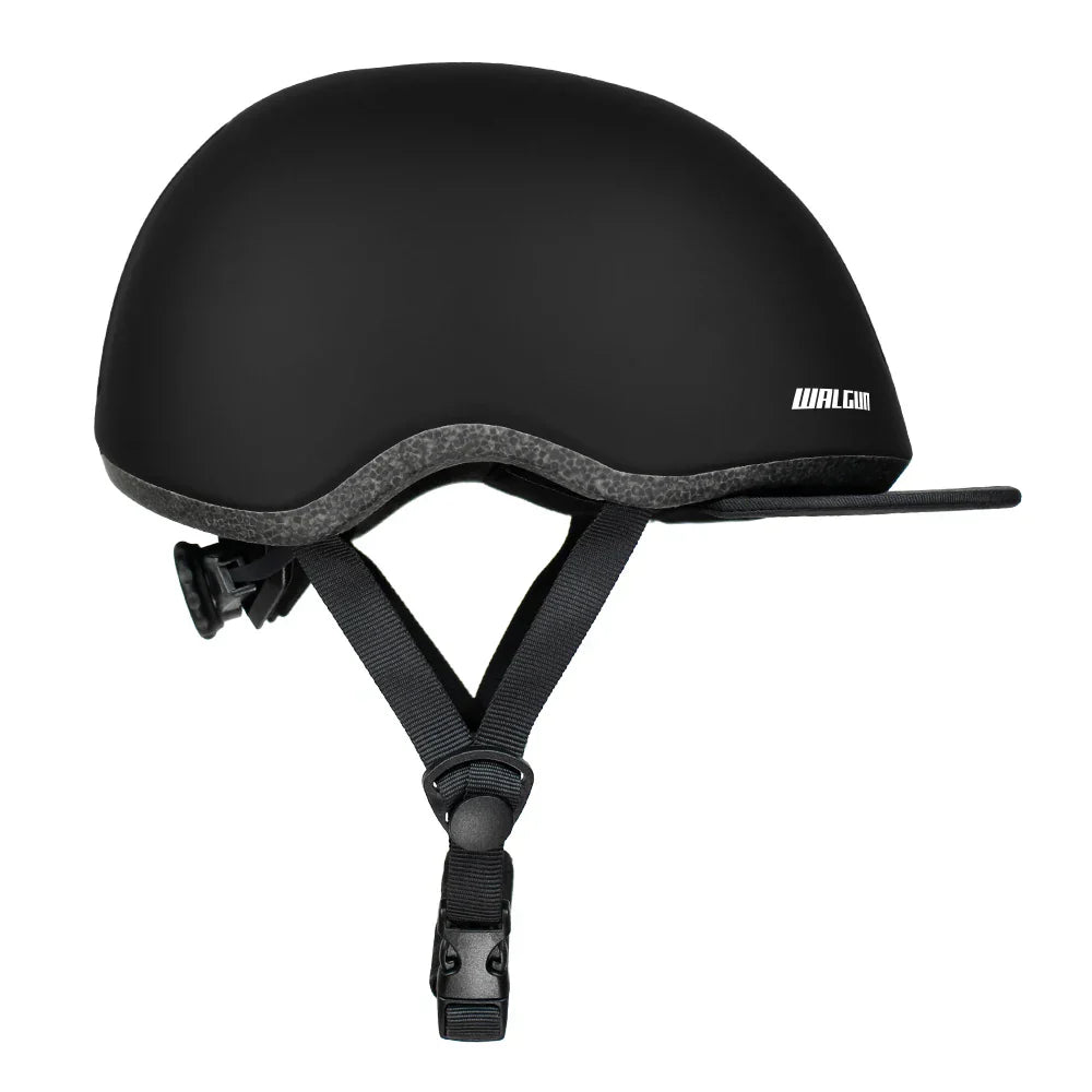 Black vintage-style urban cycling helmet with removable sun brim and adjustable strap — view 3