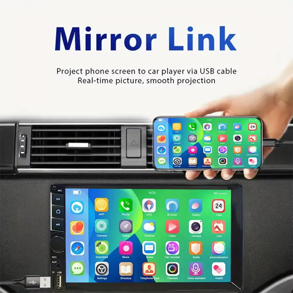 Black 7-inch touchscreen 2DIN car stereo multimedia system with bright digital display interface — view 4