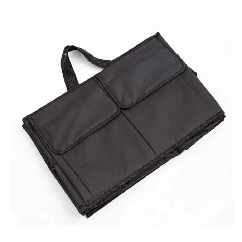 Large-capacity black collapsible car trunk organizer with multiple storage compartments and reinforced carrying handles