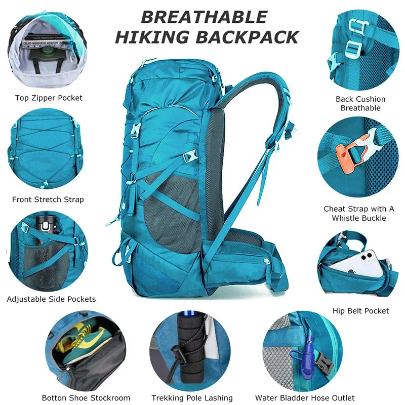 Lake blue 50L hiking backpack made of water-resistant nylon with integrated rain cover — view 4