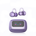 Purple open-ear wireless earbuds with digital LCD charging case and AI translator display