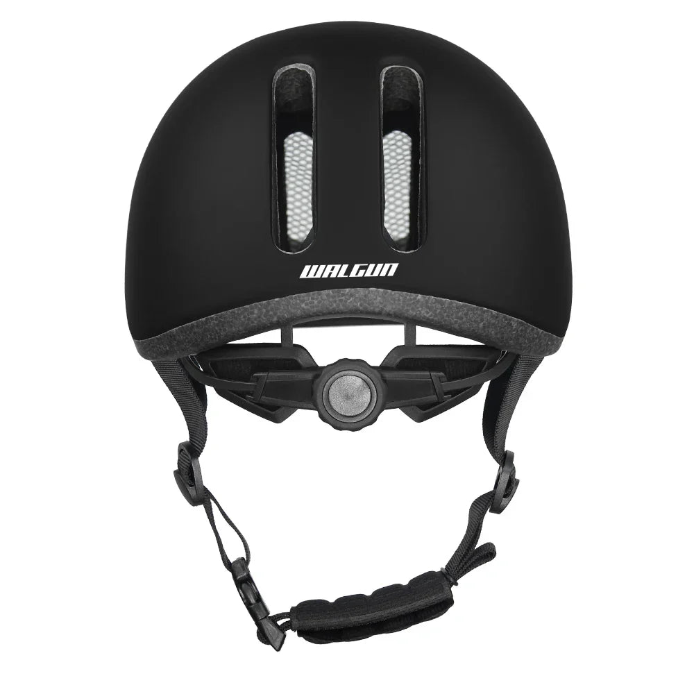Black vintage-style urban cycling helmet with removable sun brim and adjustable strap — view 5