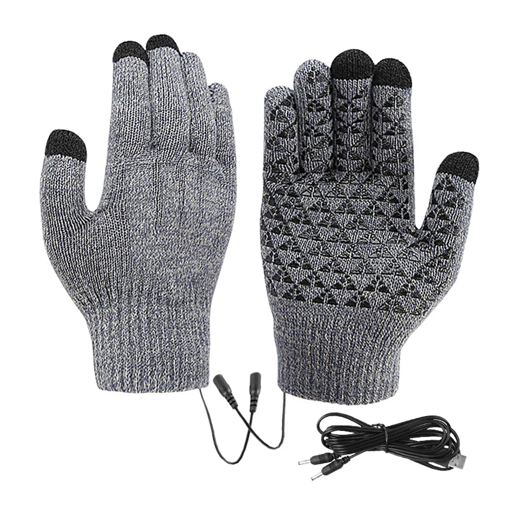 Black USB heated touchscreen winter cycling gloves with anti-slip silicone palm pattern