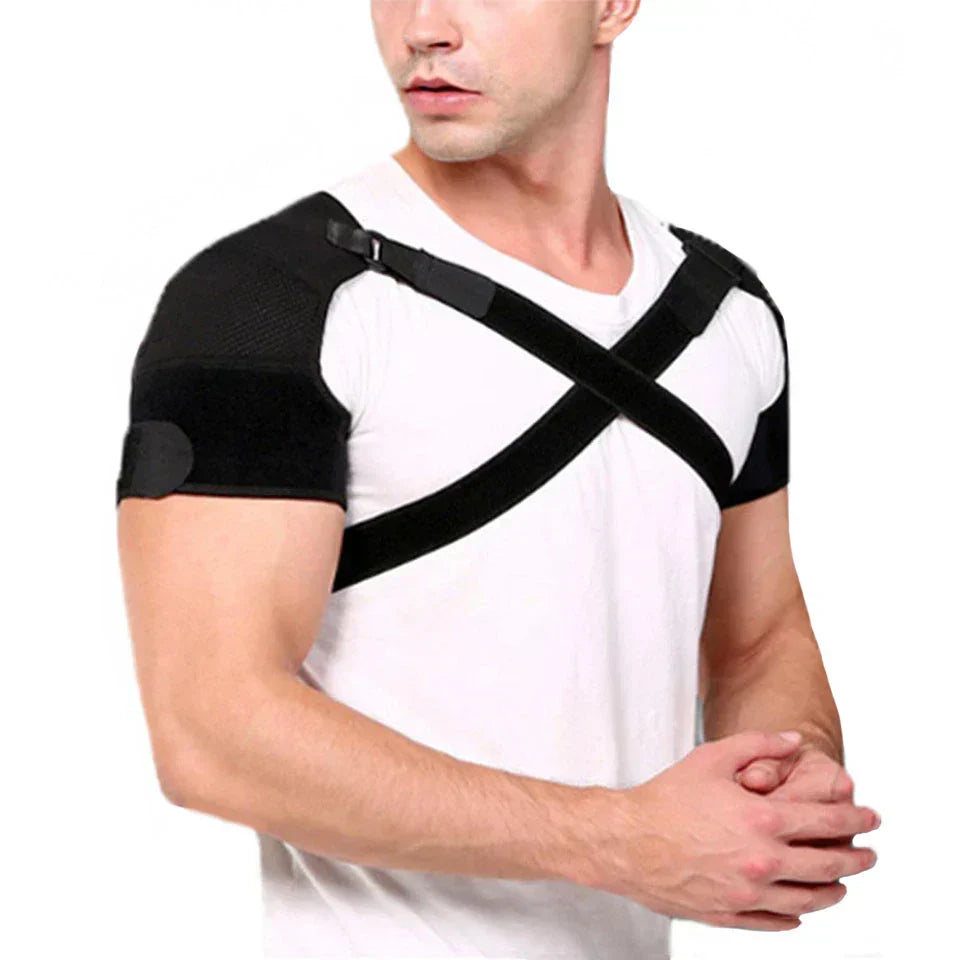 Black neoprene double shoulder brace wrap with adjustable compression straps for pain relief and recovery