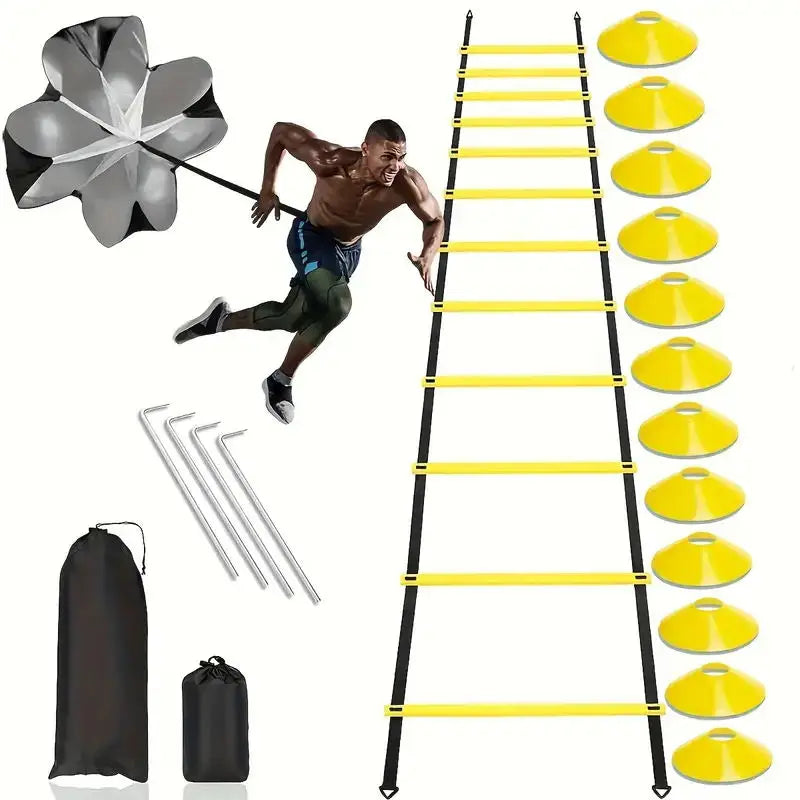 Black professional soccer training speed parachute with adjustable waist belt and compact carrying pouch — view 2