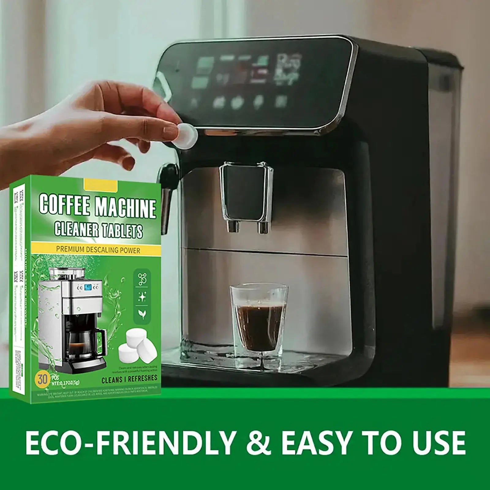 Coffee machine cleaning tablets and descaling agents in individually wrapped packaging for espresso maker maintenance