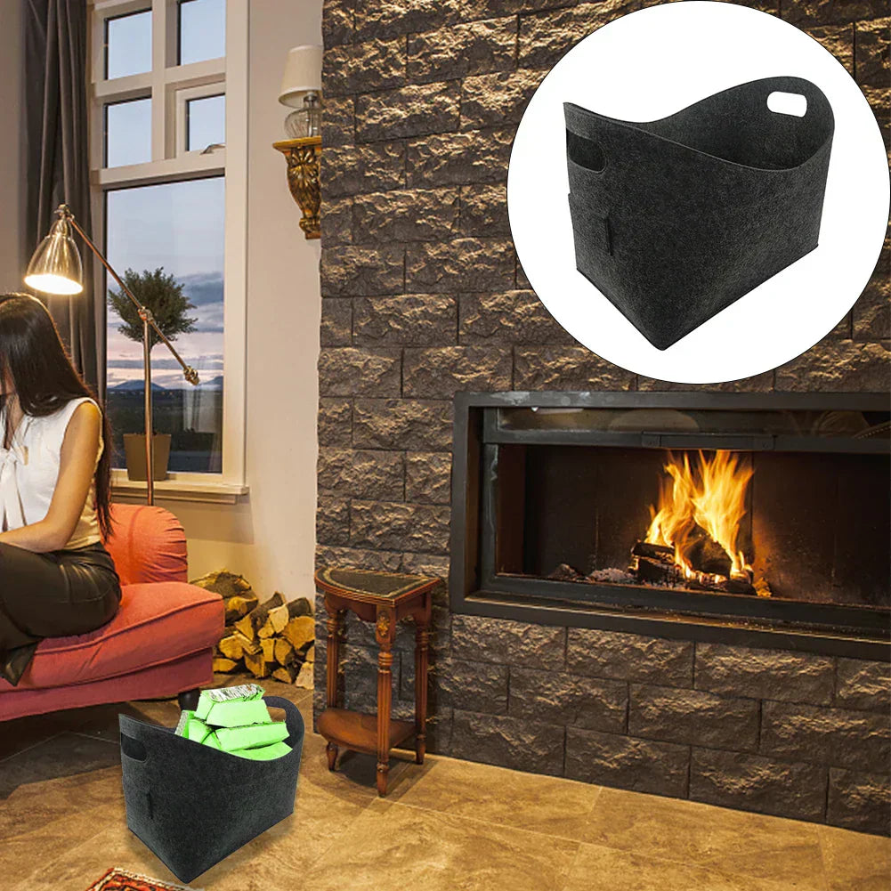 Large capacity felt firewood storage basket with sturdy handles in a neutral tone for fireplace organization — view 3