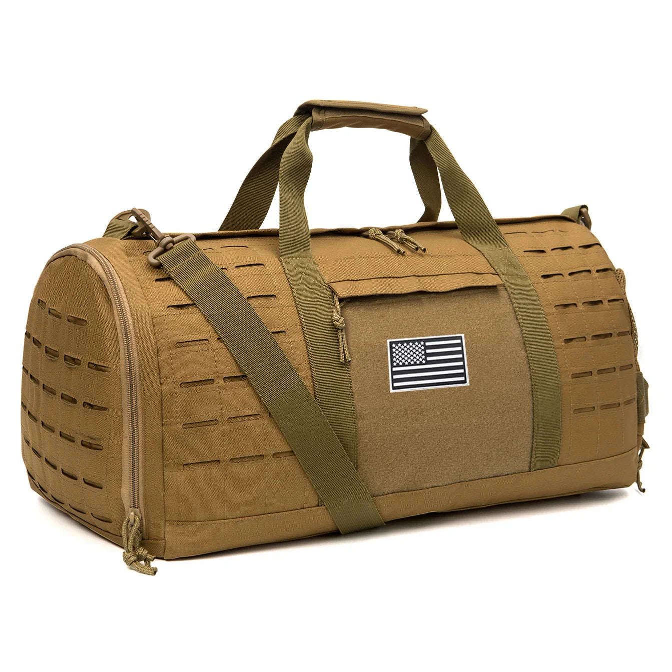 Khaki 40L tactical gym duffle bag with adjustable shoulder strap and durable fabric construction
