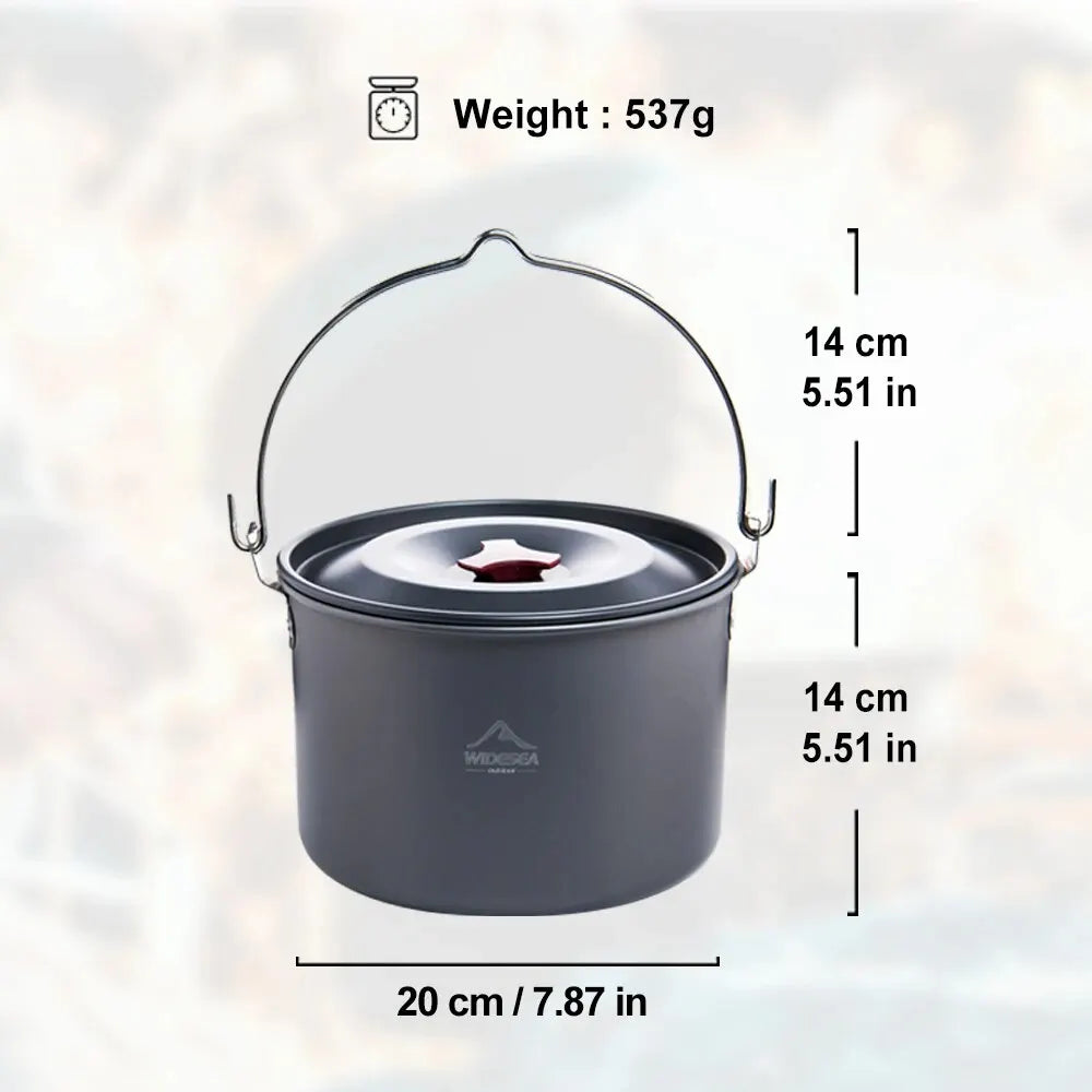 Large metallic 4L camping hanging pot with sturdy handle for outdoor campfire cooking and wilderness meals — view 4