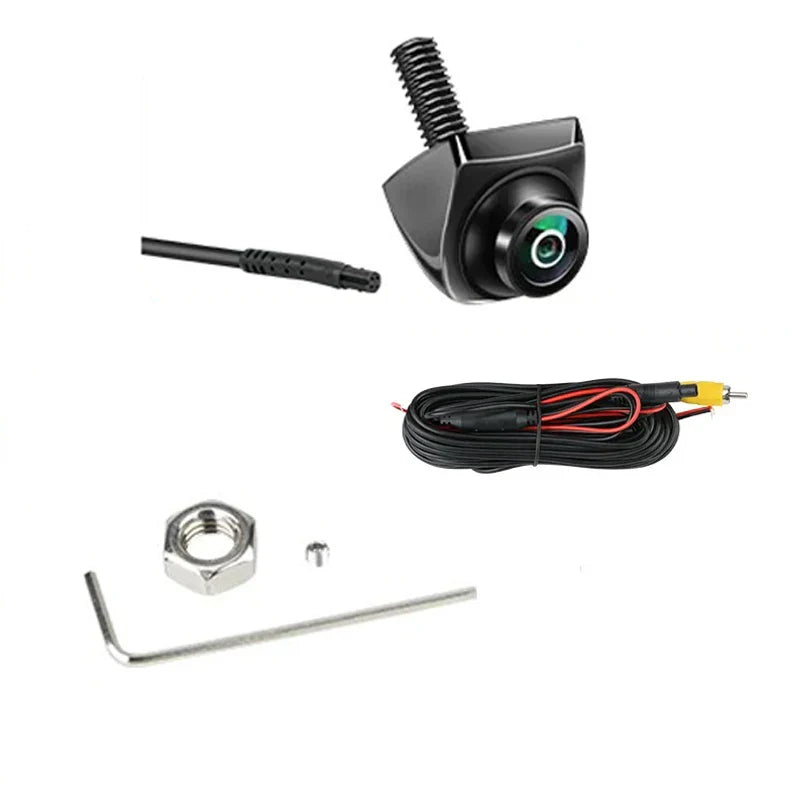 720P rear view backup camera in black with fisheye lens and connection cables