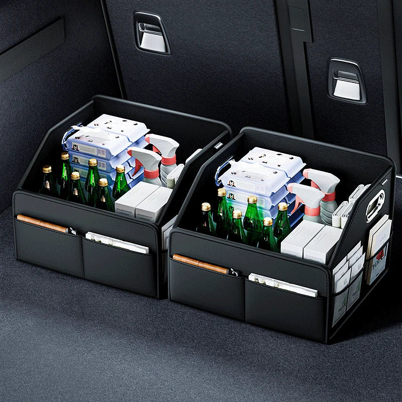 Black PU leather car trunk organizer with aluminum handles and multiple storage compartments — view 4