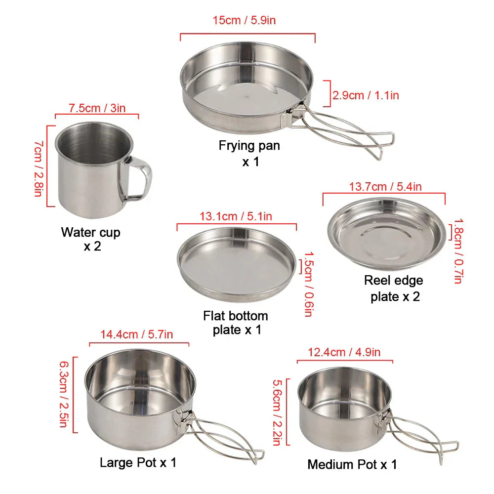 8-piece camping cookware set in silver stainless steel featuring pots pan plates and cups nested together — view 5