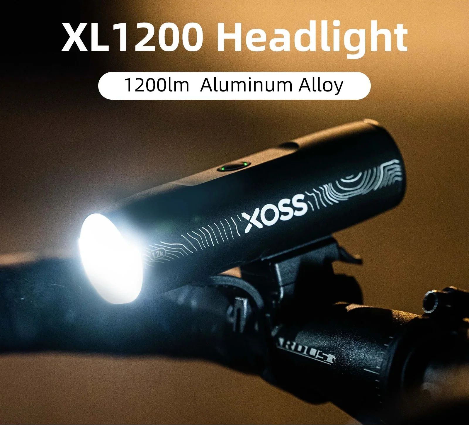 Black XL1200 rechargeable bike headlight with aluminum alloy body and handlebar mounting bracket — view 2