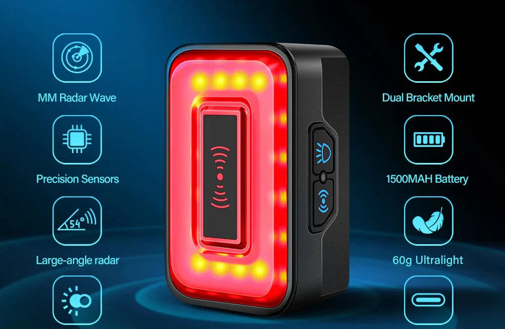 Black smart radar bicycle tail light with LED brake sensing mounted on a bike seatpost — view 2