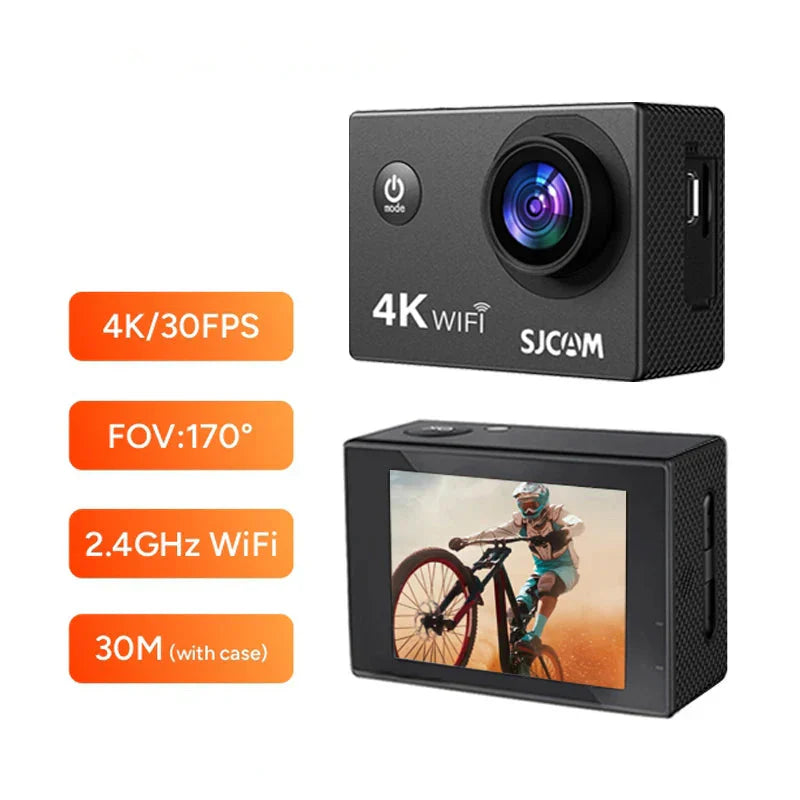 Black 4K Ultra HD action camera inside a clear 30-meter waterproof protective housing — view 2