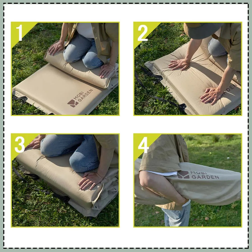 Brown single inflatable camping mattress pad with a thick foam core for outdoor tent setups — view 3