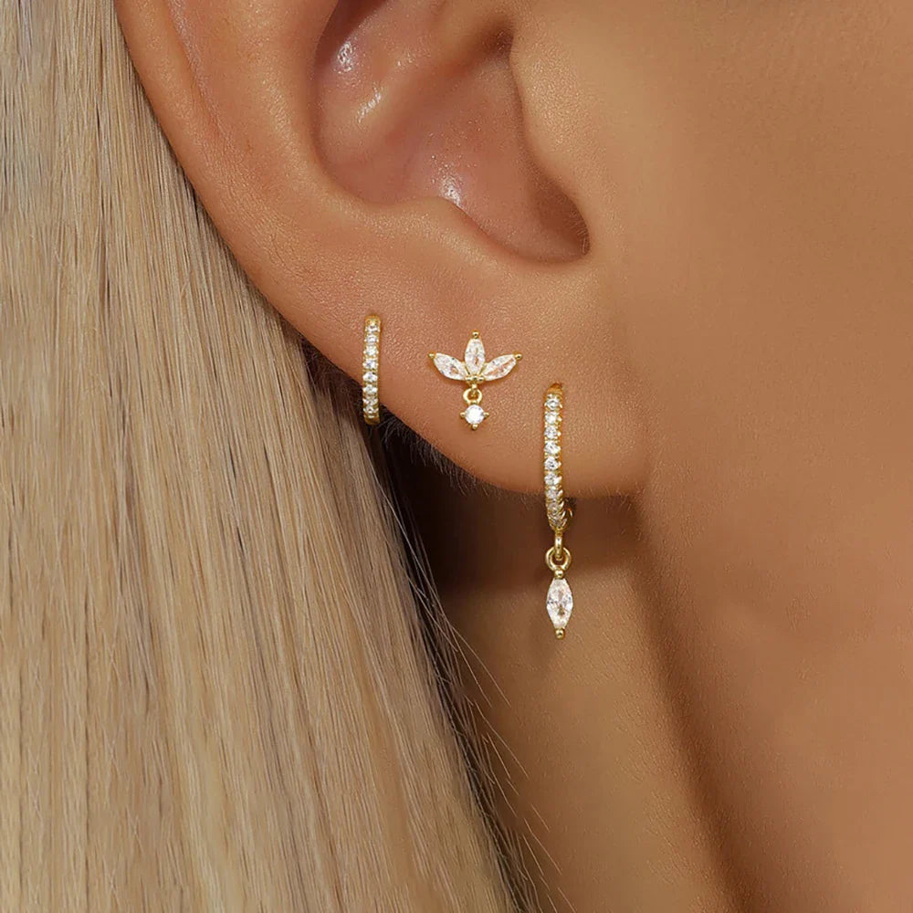 3PCS horse eye zircon stud earrings set in polished stainless steel for women