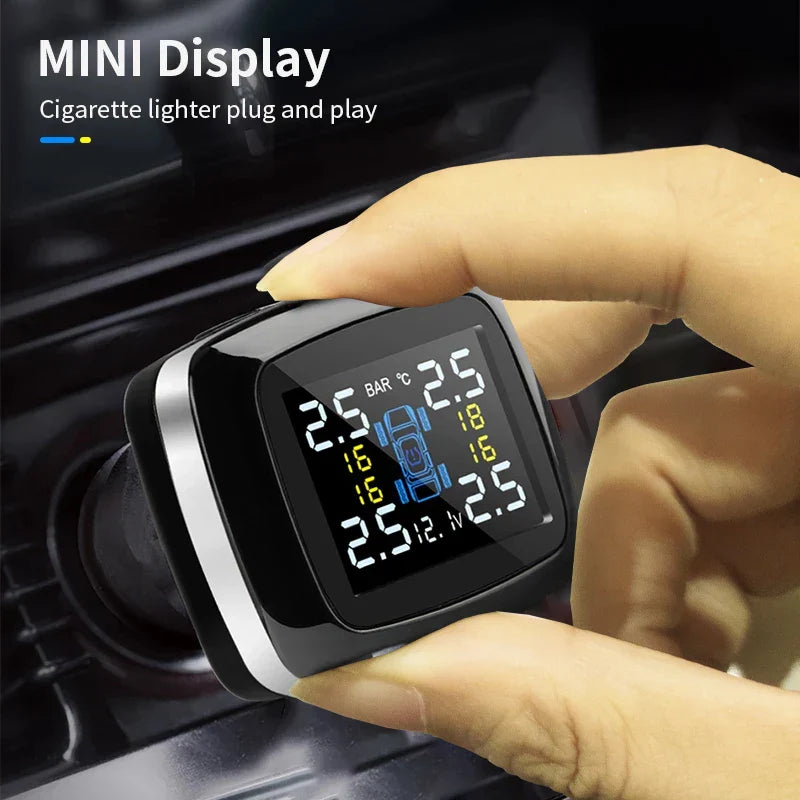 Black wireless tire pressure monitoring system with solar charging LCD display and four waterproof car sensors — view 3