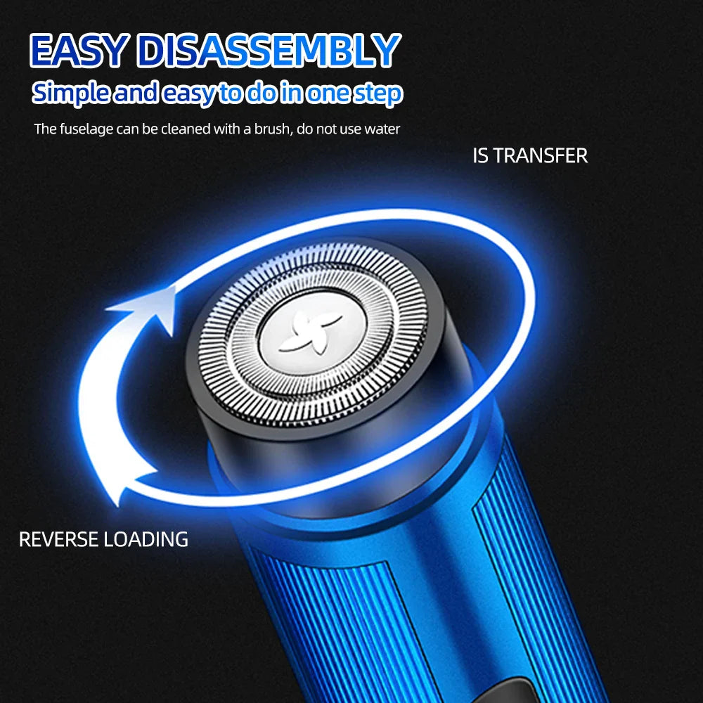 Compact blue mini electric shaver with rotary blade and digital LED power display for travel — view 2