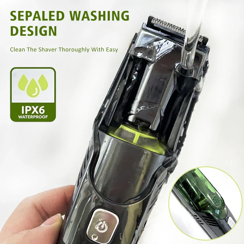 Green cordless beard trimmer and electric shaver with adjustable comb attachments and built-in vacuum system — view 4