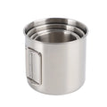 Portable stainless steel carabiner camping mug with folding handle for outdoor adventures.