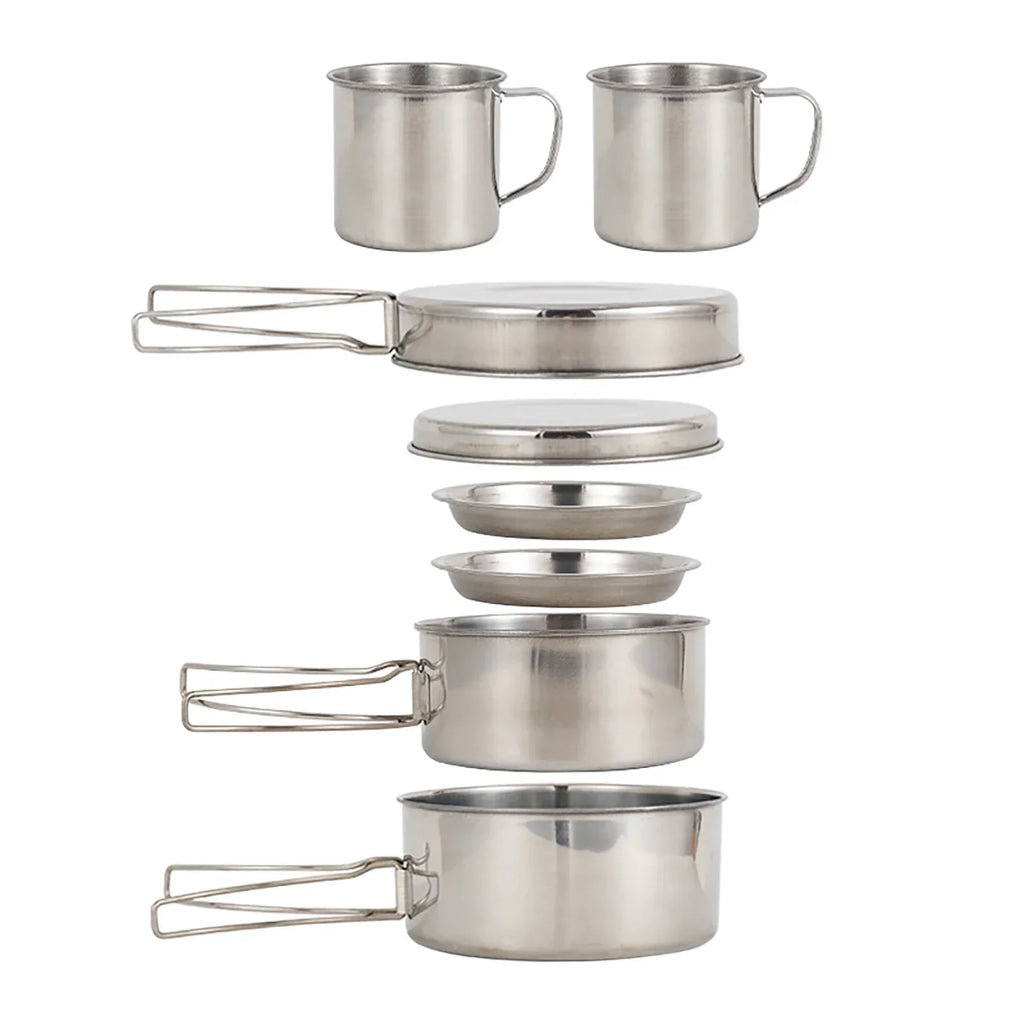 8-piece camping cookware set in silver stainless steel featuring pots pan plates and cups nested together
